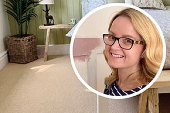 cream cobble loop pile carpet in country bedroom with green panelling and inset photo of Aimee Blakey from The Country Reno